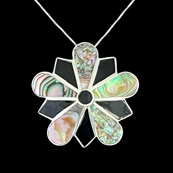 Vintage Taxco Mexico sterling silver abalone and black onyx flower pendant
